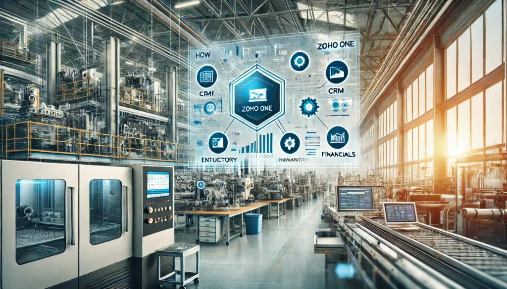 Banner image for blog titled 'How Manufacturing Companies Use Zoho One to Streamline Operations,' featuring a modern manufacturing plant with machinery and assembly lines in the background. Digital dashboard overlay displaying Zoho One tools, icons for automation and productivity, with Supertron Infotech logo in the corner.