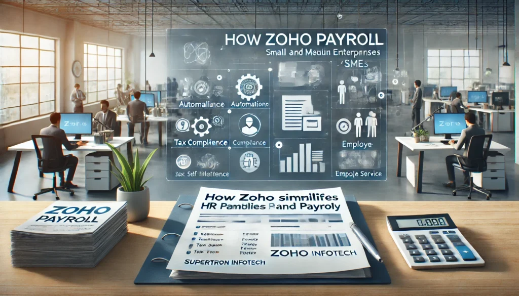 Banner image for the blog titled 'How Zoho Payroll Simplifies HR and Payroll for SMEs,' featuring a modern office setting with payroll documents, a digital dashboard overlay showcasing salary calculations, tax compliance, and employee self-service options. Supertron Infotech logo in the corner.